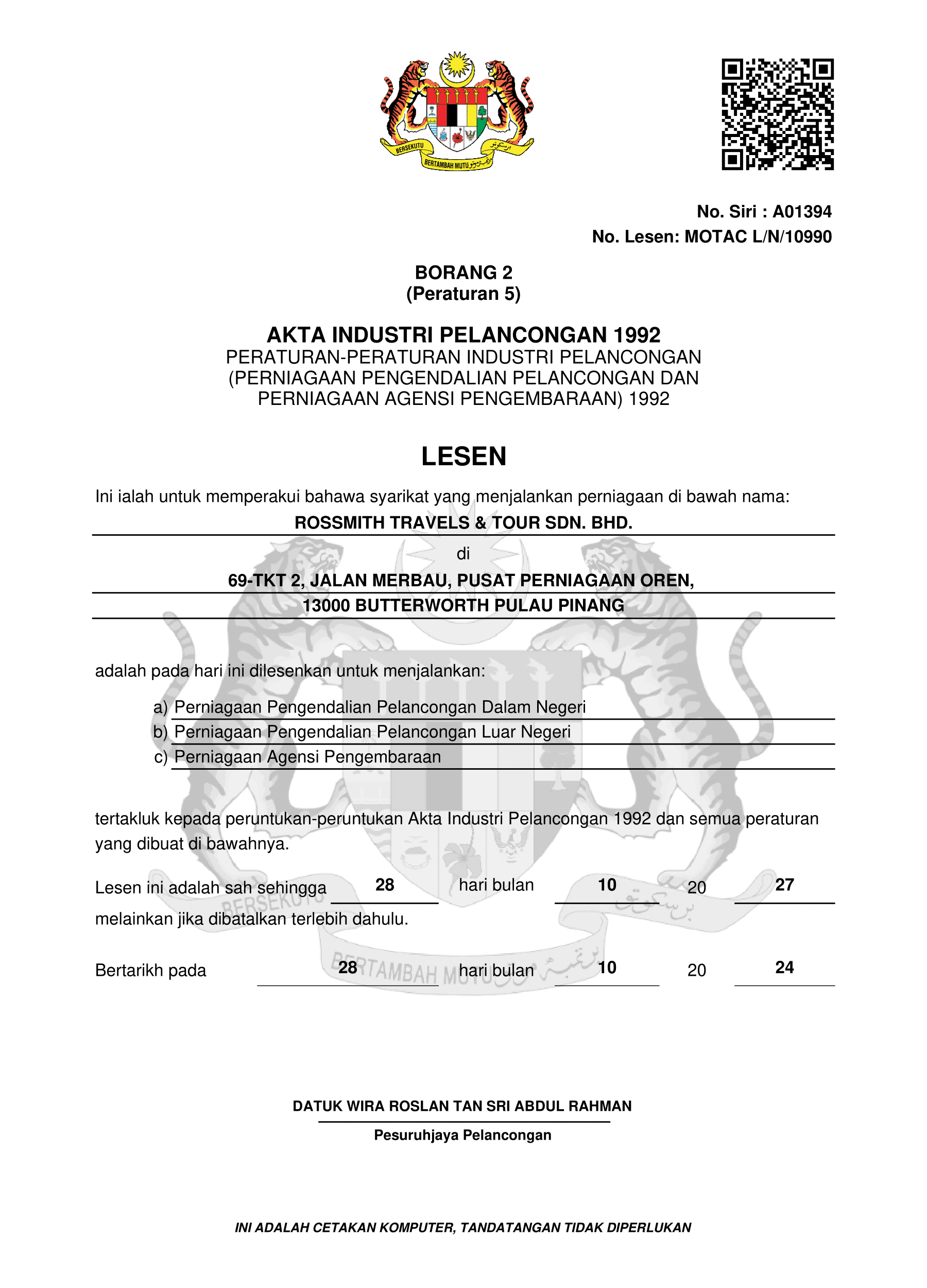 rossmith travels and tours - trusted malaysia travel agency akta industri pelancongan 1992 certificate