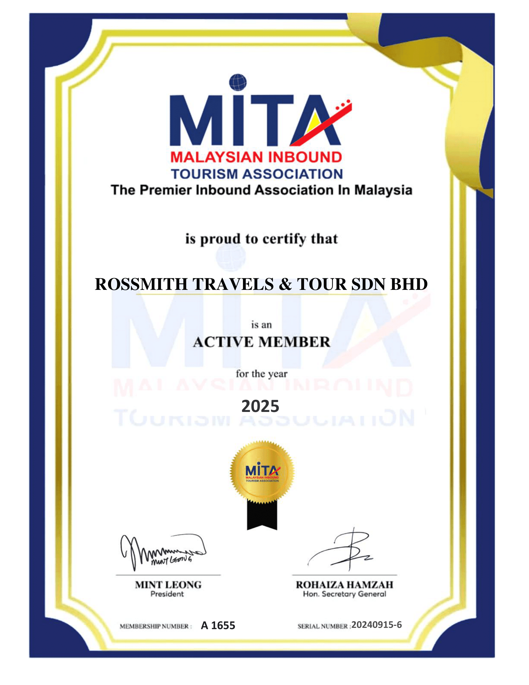 rossmith travels and tours - trusted malaysia travel agency mita certificate